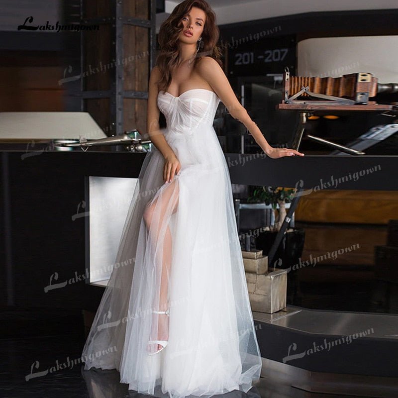 NumberSea - NumberSea Boho A - Line Tulle Wedding Dresses Side Split With Detachable Puff Sleeves Sweetheart Neck Sweep/Brush Train Beach Bride Gowns