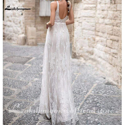 NumberSea - NumberSea Boho Appliques Backless A - line Wedding Dresses