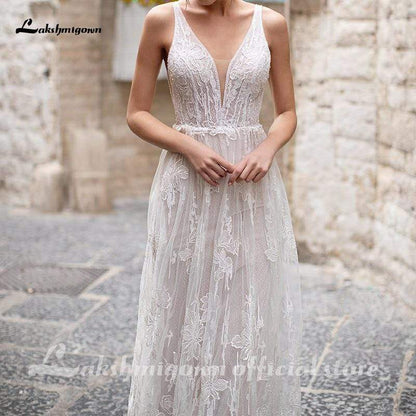 NumberSea - NumberSea Boho Appliques Backless A - line Wedding Dresses