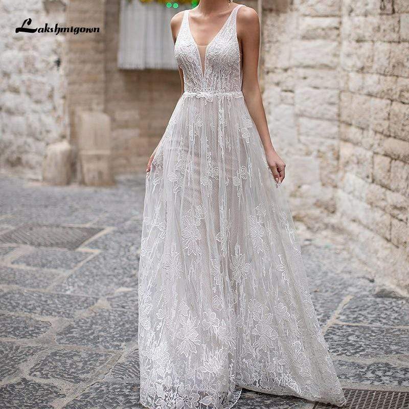 NumberSea - NumberSea Boho Appliques Backless A - line Wedding Dresses