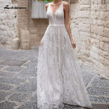 NumberSea - NumberSea Boho Appliques Backless A - line Wedding Dresses