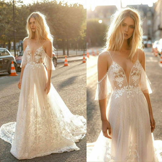 NumberSea - NumberSea Boho Beach A Line Wedding Dresses Sexy Spaghetti Lace Appliques