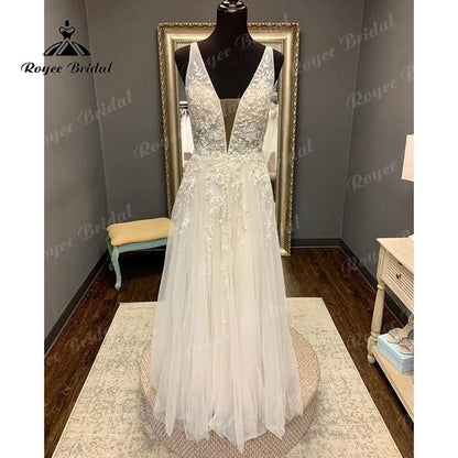 NumberSea - NumberSea Boho Beach Sleeveless Deep V Neck Wedding Dress Lace Appliques Backless Floor Length Tulle 2025 Vestidos Robe Civil Bridal Gown