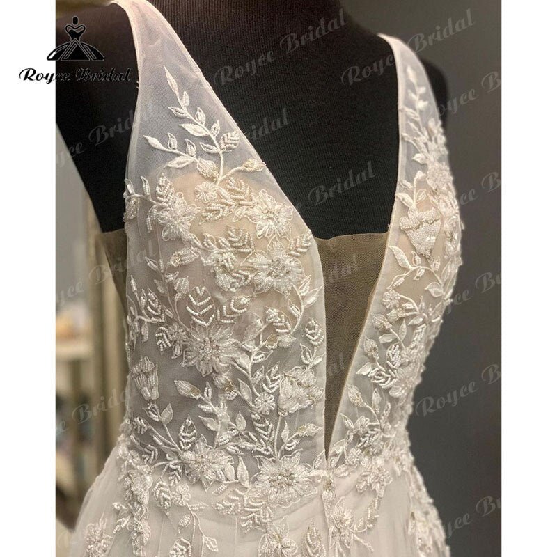 NumberSea - NumberSea Boho Beach Sleeveless Deep V Neck Wedding Dress Lace Appliques Backless Floor Length Tulle 2025 Vestidos Robe Civil Bridal Gown