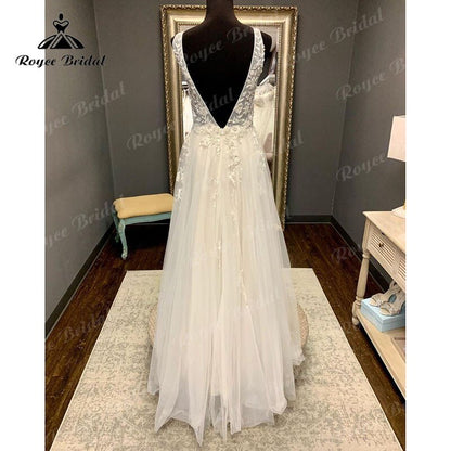 NumberSea - NumberSea Boho Beach Sleeveless Deep V Neck Wedding Dress Lace Appliques Backless Floor Length Tulle 2025 Vestidos Robe Civil Bridal Gown