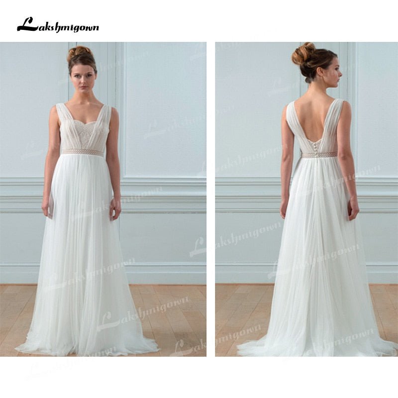 NumberSea - NumberSea Boho Chiffon A - Line Wedding Dresses Sweetheart Neck Corset Sexy Open Back Sleeveless Pleats Sweep/Brush Train Beach Bride Gowns