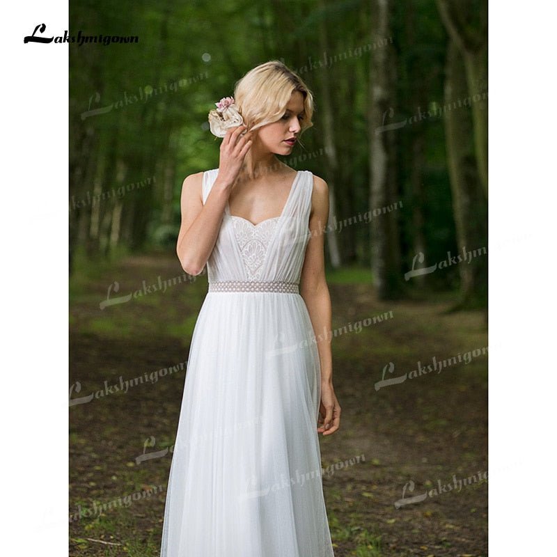 NumberSea - NumberSea Boho Chiffon A - Line Wedding Dresses Sweetheart Neck Corset Sexy Open Back Sleeveless Pleats Sweep/Brush Train Beach Bride Gowns