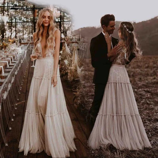 NumberSea - NumberSea Boho Hippie Wedding Dress Sleeveless V Neck Chic Styl Whimsical Ruched Skirt Tulle Bridal Gowns Robe de mariee