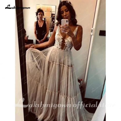 NumberSea - NumberSea Boho Hippie Wedding Dress Sleeveless V Neck Chic Styl Whimsical Ruched Skirt Tulle Bridal Gowns Robe de mariee