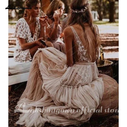 NumberSea - NumberSea Boho Hippie Wedding Dress Sleeveless V Neck Chic Styl Whimsical Ruched Skirt Tulle Bridal Gowns Robe de mariee