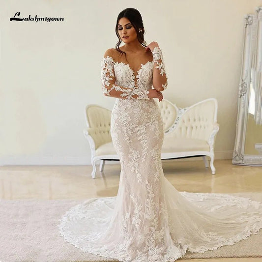 NumberSea - NumberSea Boho Illusion Bodice Lace Mermaid Wedding Dress Long Sleeve Sheer Neck Appliques Bridal Gown vestidos de novia robe