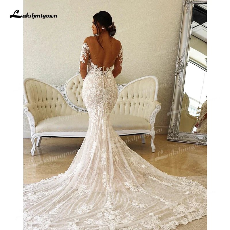 NumberSea - NumberSea Boho Illusion Bodice Lace Mermaid Wedding Dress Long Sleeve Sheer Neck Appliques Bridal Gown vestidos de novia robe