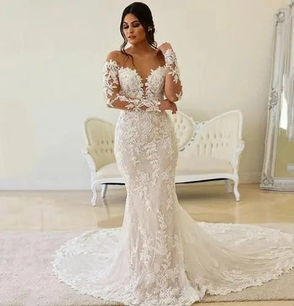 NumberSea - NumberSea Boho Illusion Bodice Lace Mermaid Wedding Dress Long Sleeve Sheer Neck Appliques Bridal Gown vestidos de novia robe