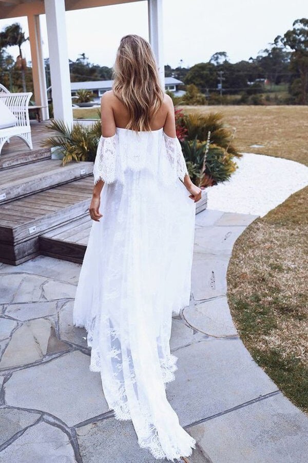 NumberSea - NumberSea Boho Lace A - line Half Sleeves Off - the - Shoulder Beach Wedding Dresses, MW630