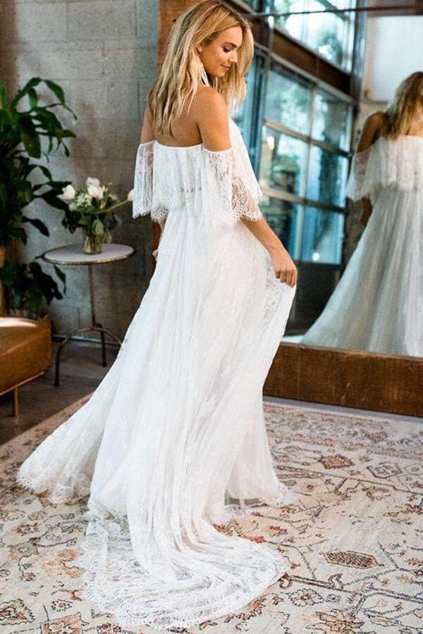 NumberSea - NumberSea Boho Lace A - line Half Sleeves Off - the - Shoulder Beach Wedding Dresses, MW630