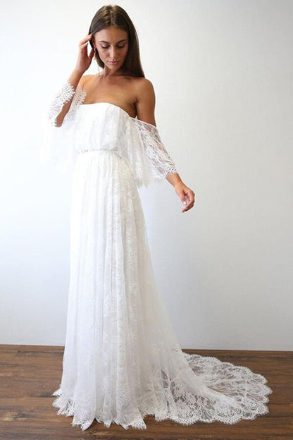 NumberSea - NumberSea Boho Lace A - line Half Sleeves Off - the - Shoulder Beach Wedding Dresses, MW630