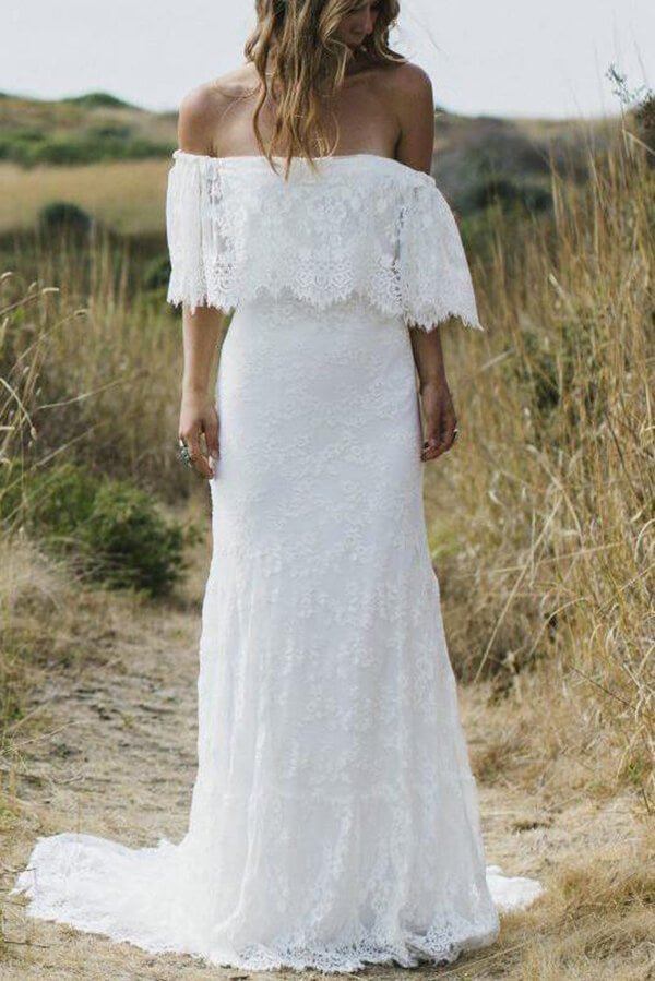 NumberSea - NumberSea Boho Lace A - line Half Sleeves Off - the - Shoulder Beach Wedding Dresses, MW630