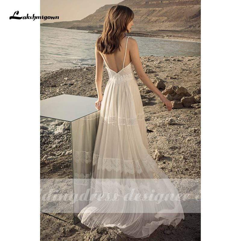 NumberSea - NumberSea Boho Lace Wedding Dress Deep V Neck Backless Robe Sexy Bridal Gown