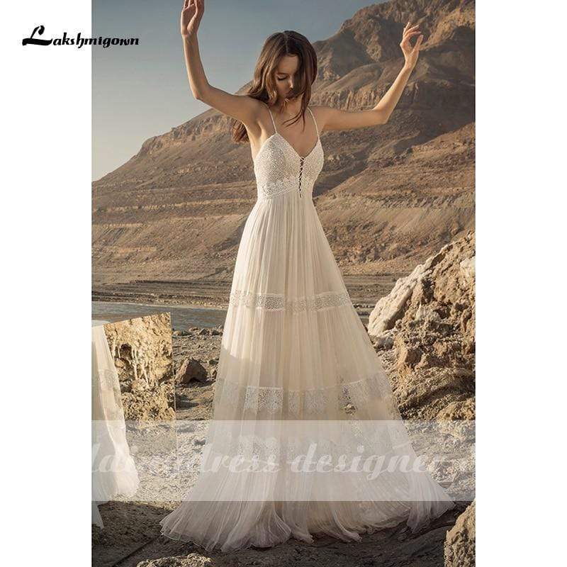 NumberSea - NumberSea Boho Lace Wedding Dress Deep V Neck Backless Robe Sexy Bridal Gown