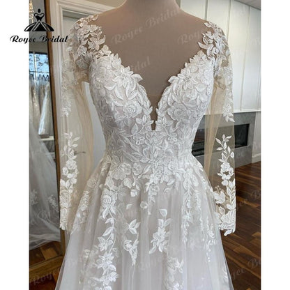 NumberSea - NumberSea Boho Long Sleeve Lace Applqiues V Neck Open Back Wedding Dress for Women Sweep Train 2025 Vestidos Fiesta Robe Civil Bridal Gown