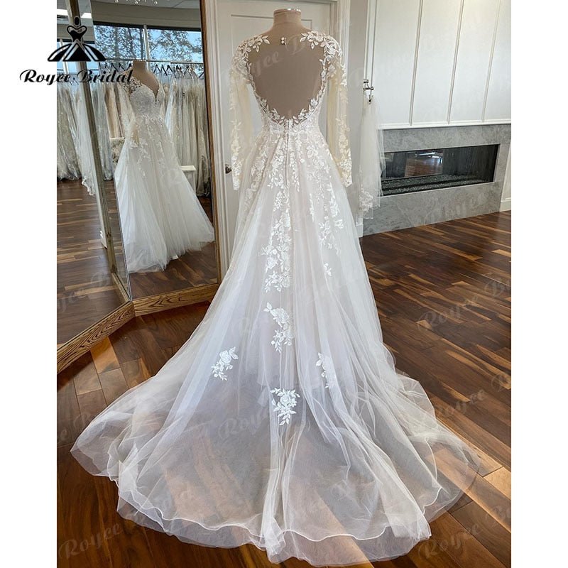 NumberSea - NumberSea Boho Long Sleeve Lace Applqiues V Neck Open Back Wedding Dress for Women Sweep Train 2025 Vestidos Fiesta Robe Civil Bridal Gown