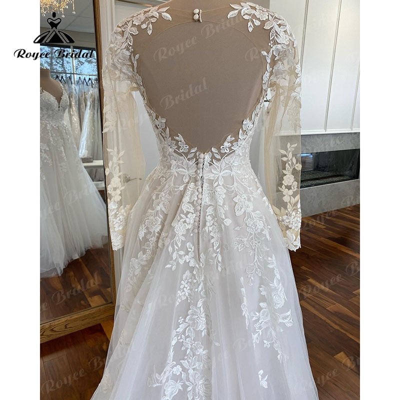 NumberSea - NumberSea Boho Long Sleeve Lace Applqiues V Neck Open Back Wedding Dress for Women Sweep Train 2025 Vestidos Fiesta Robe Civil Bridal Gown