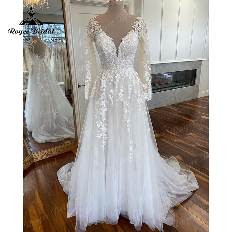 NumberSea - NumberSea Boho Long Sleeve Lace Applqiues V Neck Open Back Wedding Dress for Women Sweep Train 2025 Vestidos Fiesta Robe Civil Bridal Gown