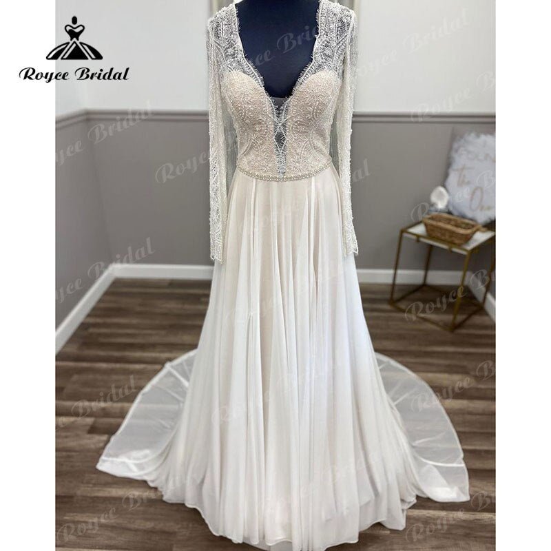 NumberSea - NumberSea Boho Long Sleeve Lace Chiffon V Neck Illusion A Line Beach Wedding Dress 2025 Wedding Gown Bestidos De Novia Elegant Custom Made