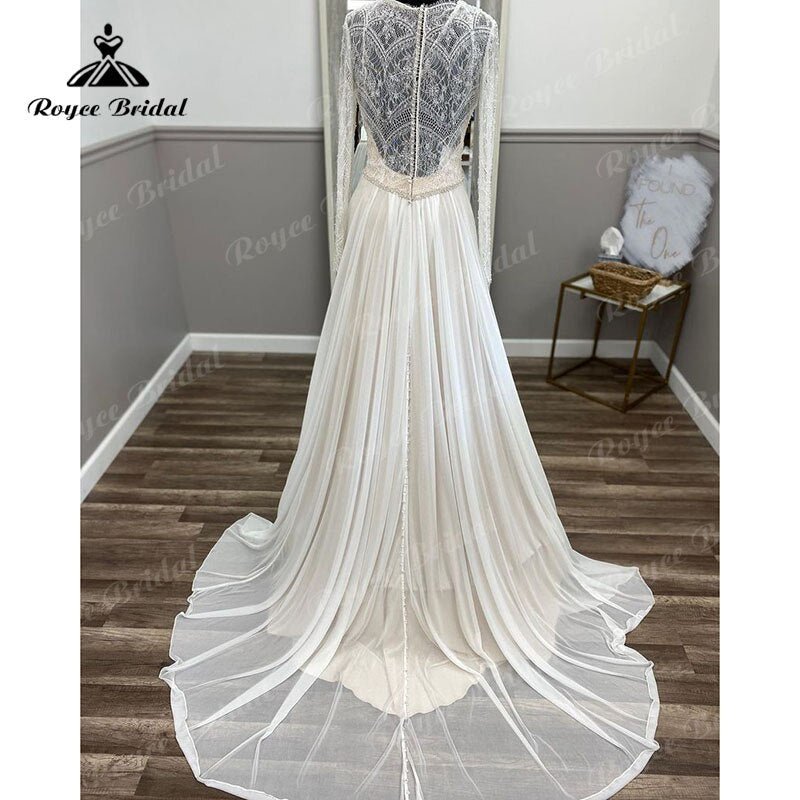 NumberSea - NumberSea Boho Long Sleeve Lace Chiffon V Neck Illusion A Line Beach Wedding Dress 2025 Wedding Gown Bestidos De Novia Elegant Custom Made