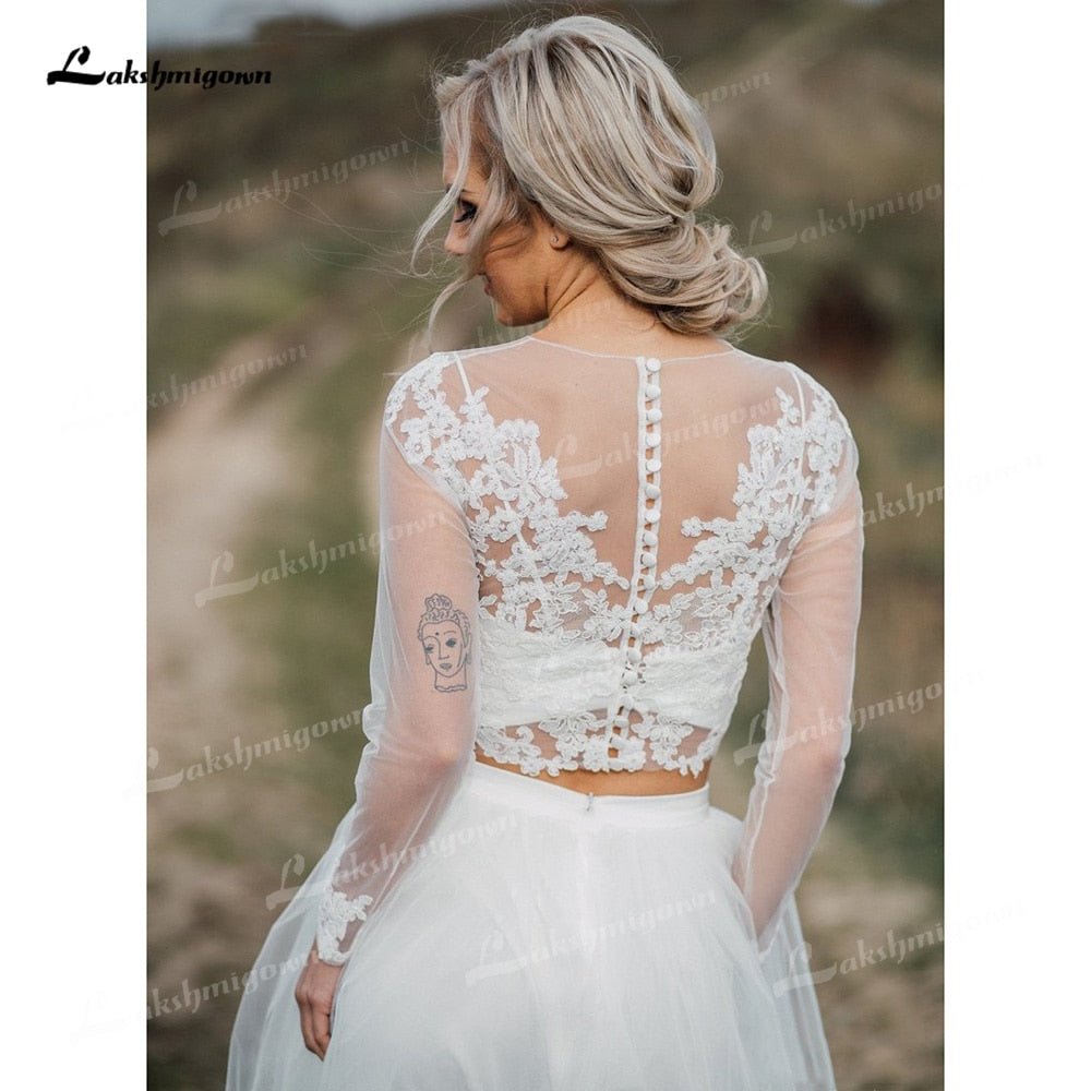 NumberSea - NumberSea Boho Organza And Tulle A - Line Wedding Dresses Two Piece O - Neck Long Sleeve Court Train Bride Gowns Appliques Lace Pleats Elegant