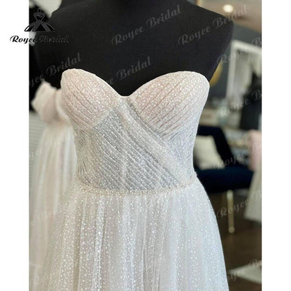 NumberSea - NumberSea Boho Polka Dots Tulle Cap Sleeve Sweetheart Boho Wedding Dress for Women 2022 Bride Pleats Reception Party Dress Noiva Vestido