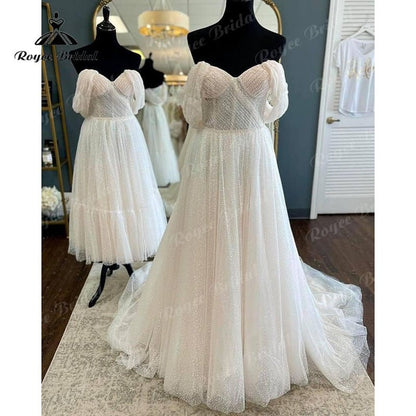 NumberSea - NumberSea Boho Polka Dots Tulle Cap Sleeve Sweetheart Boho Wedding Dress for Women 2022 Bride Pleats Reception Party Dress Noiva Vestido