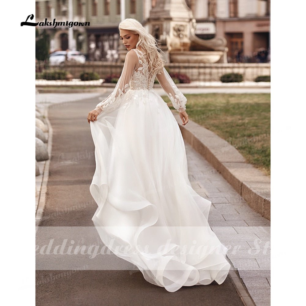 NumberSea - NumberSea Boho Princess A - Line Wedding Dresses V Neck Longue Long Lantern Sleeve Robe De Soiree Simple Beach Wedding Gown Vestidos De Noiv