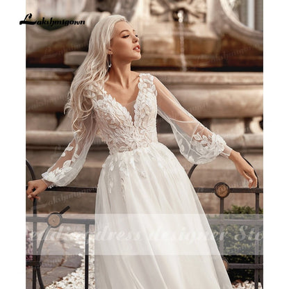 NumberSea - NumberSea Boho Princess A - Line Wedding Dresses V Neck Longue Long Lantern Sleeve Robe De Soiree Simple Beach Wedding Gown Vestidos De Noiv