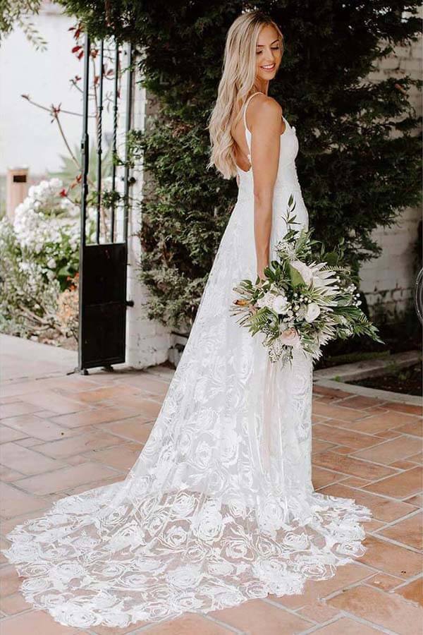 NumberSea - NumberSea Boho Rose Lace Sweetheart Spaghetti Strap Beach Wedding Dresses, MW511