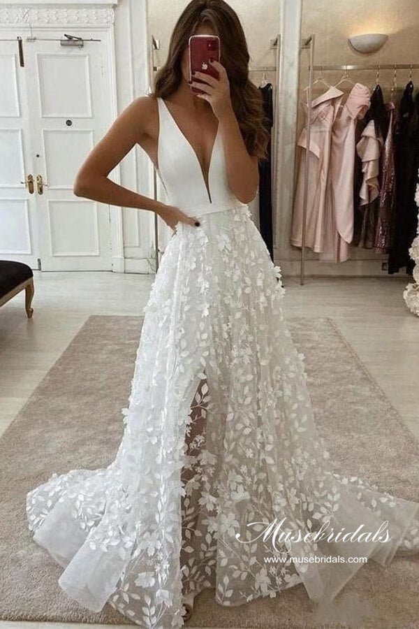 NumberSea - NumberSea Boho Satin A - line V - neck 3D Flowers Wedding Dresses With High Slit, MW961