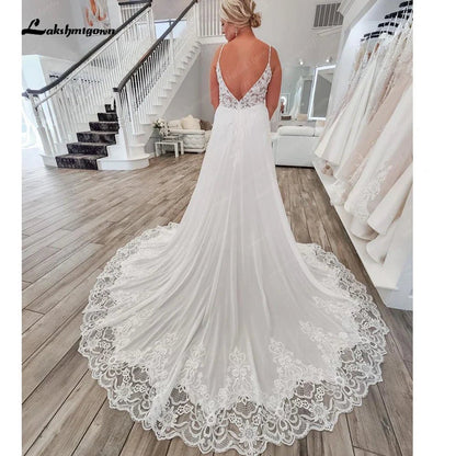 NumberSea - NumberSea Boho Spaghetti Straps Bridal Wedding Dresses A Line 2025 Robe Longue Simple Beach Chiffon Wedding Gowns Deep V Neck