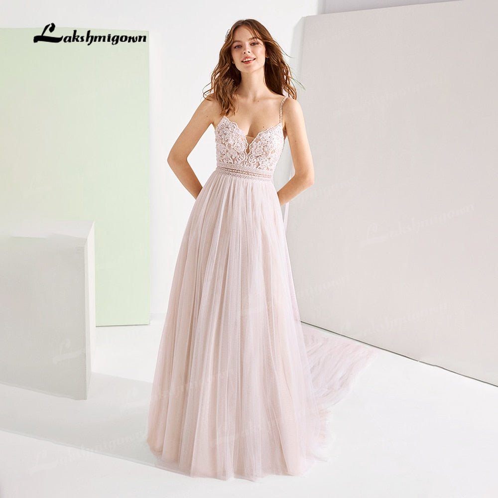 NumberSea - NumberSea Boho Spaghetti Straps Wedding Dresses 2021 vestido de noiva Plus Size Beach Wedding Gowns Elagant Tulle A - line Bridal Dresses