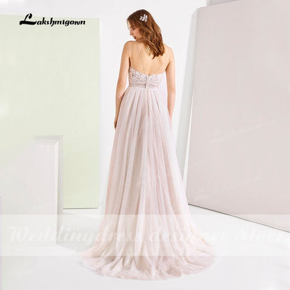 NumberSea - NumberSea Boho Spaghetti Straps Wedding Dresses 2021 vestido de noiva Plus Size Beach Wedding Gowns Elagant Tulle A - line Bridal Dresses