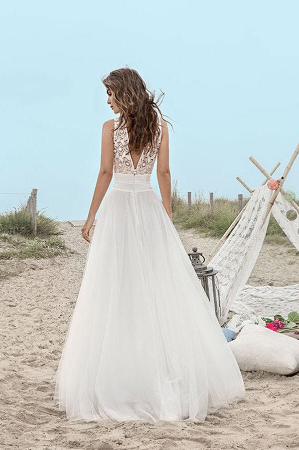 NumberSea - NumberSea Boho Tulle Lace A - line V - neck Floor Length Beach Wedding Dresses, MW673