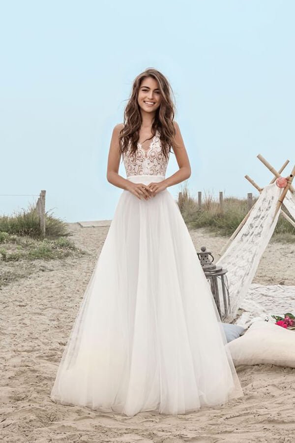 NumberSea - NumberSea Boho Tulle Lace A - line V - neck Floor Length Beach Wedding Dresses, MW673