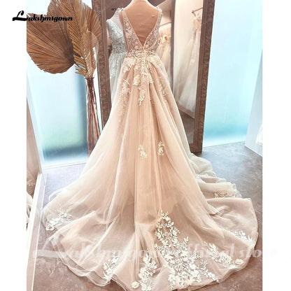 NumberSea - NumberSea Boho V Neck Lace Beach Bridal Women Wedding Dress Backless 2025 gelinlik Wedding Gowns custom made