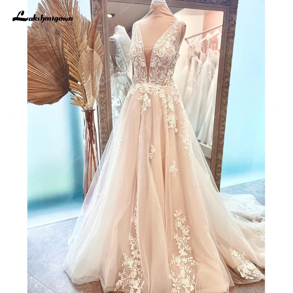 NumberSea - NumberSea Boho V Neck Lace Beach Bridal Women Wedding Dress Backless 2025 gelinlik Wedding Gowns custom made