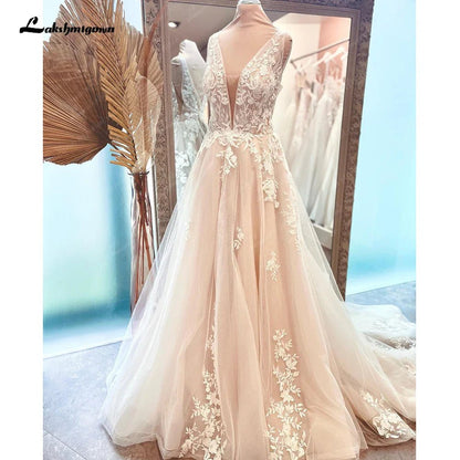 NumberSea - NumberSea Boho V Neck Lace Beach Bridal Women Wedding Dress Backless 2025 gelinlik Wedding Gowns custom made