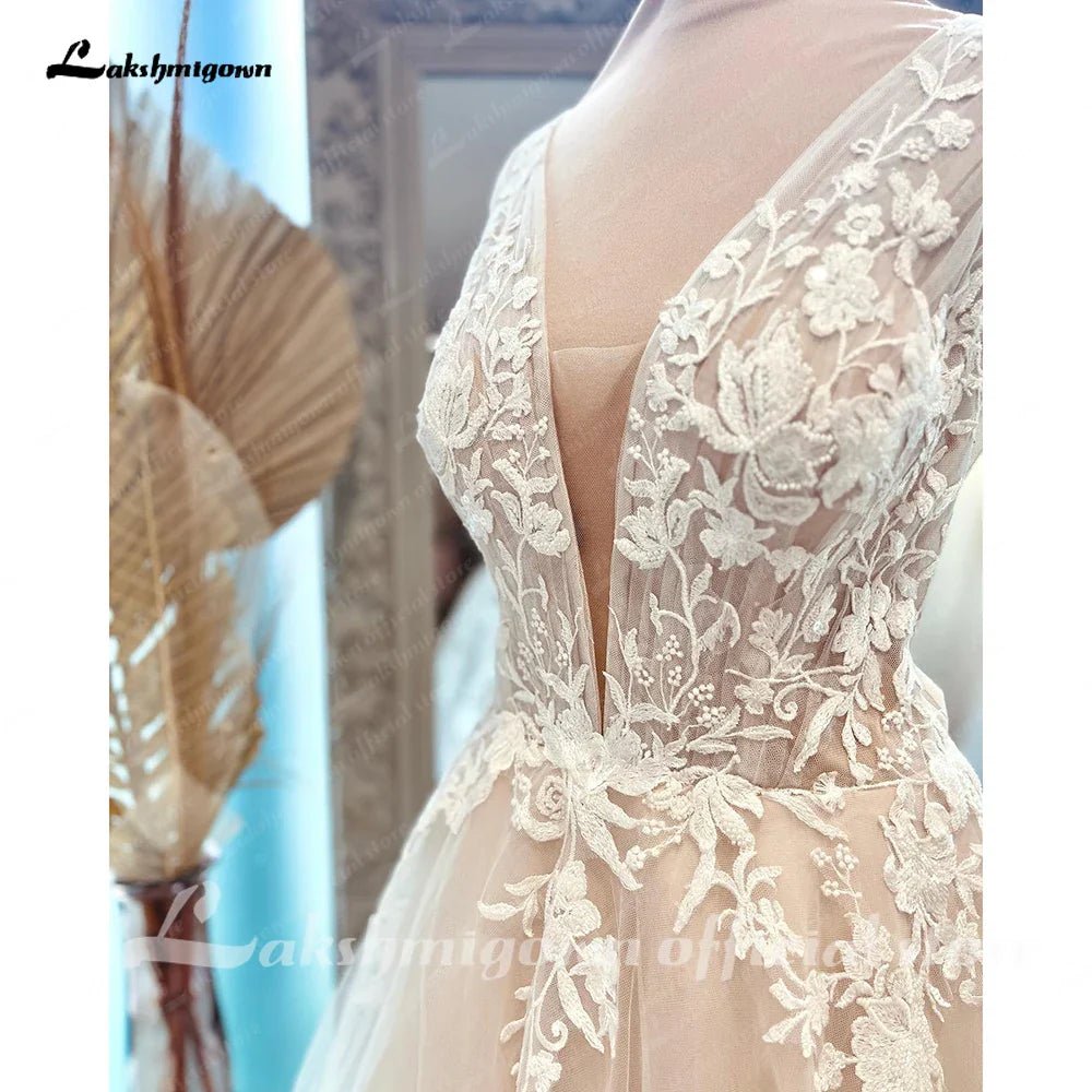 NumberSea - NumberSea Boho V Neck Lace Beach Bridal Women Wedding Dress Backless 2025 gelinlik Wedding Gowns custom made