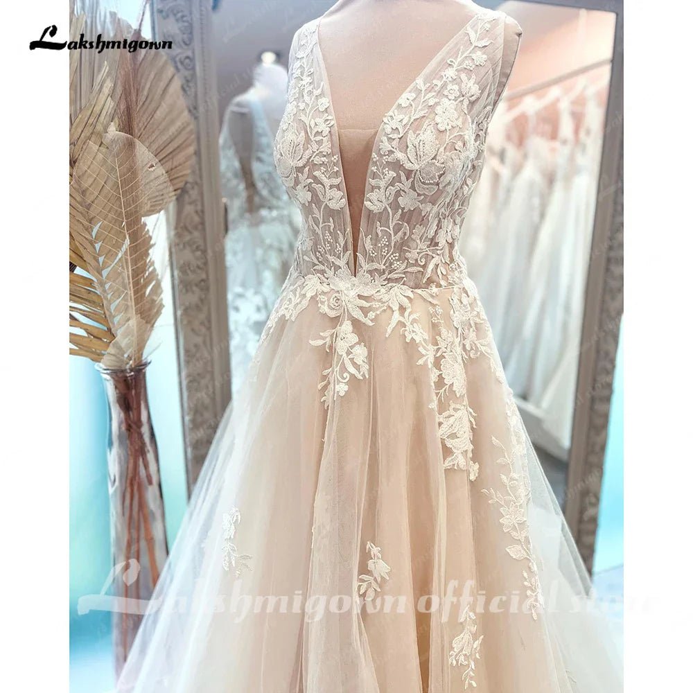 NumberSea - NumberSea Boho V Neck Lace Beach Bridal Women Wedding Dress Backless 2025 gelinlik Wedding Gowns custom made