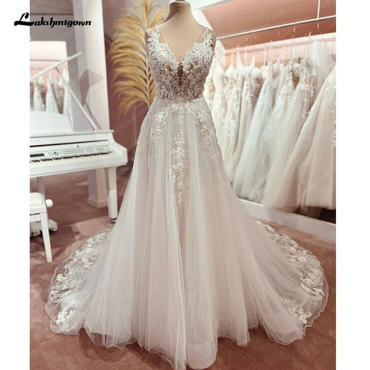 NumberSea - NumberSea Boho Wedding Dress Tulle V - Neck Long Beach Wedding Dresses Vestidos De Novia Open Back Champagne Wedding Dress