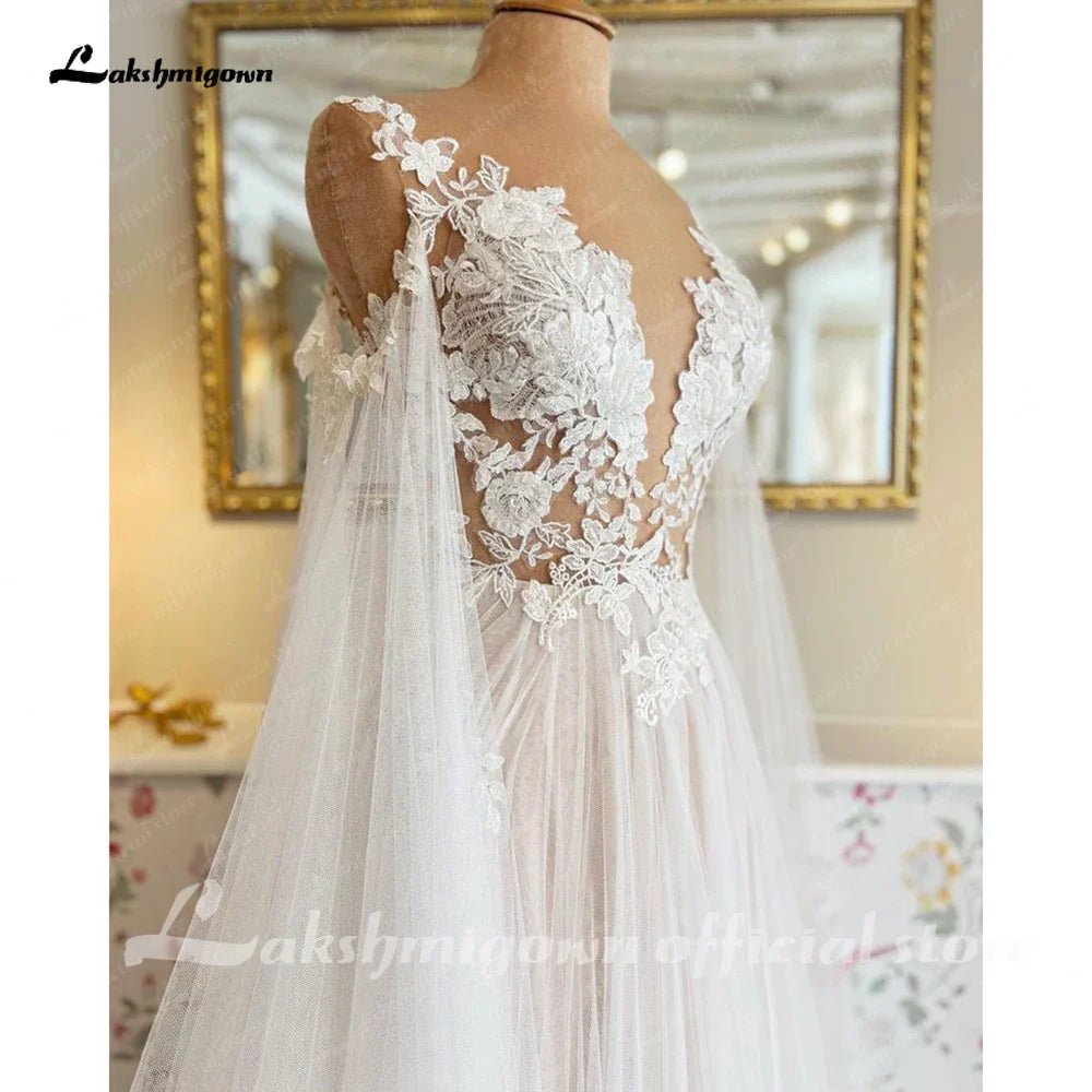 NumberSea - NumberSea Boho Wedding Dress with Cape Beach Summer 2025 Lace A Line Bridal Gowns V Neck Backless Vestido Verano