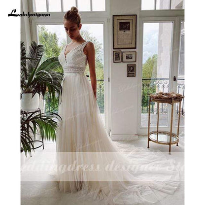 NumberSea - NumberSea Boho Wedding Dresses 2024 V Neck Beach Lace Bridal Wedding Gowns Elegant Tulle A Line Bridal Dress