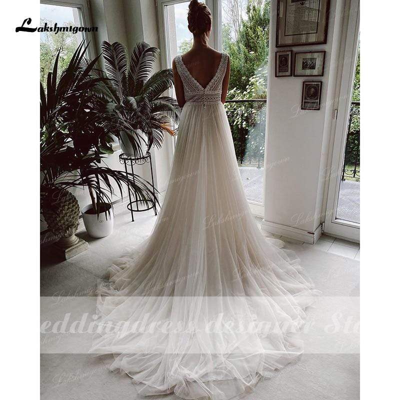 NumberSea - NumberSea Boho Wedding Dresses 2024 V Neck Beach Lace Bridal Wedding Gowns Elegant Tulle A Line Bridal Dress